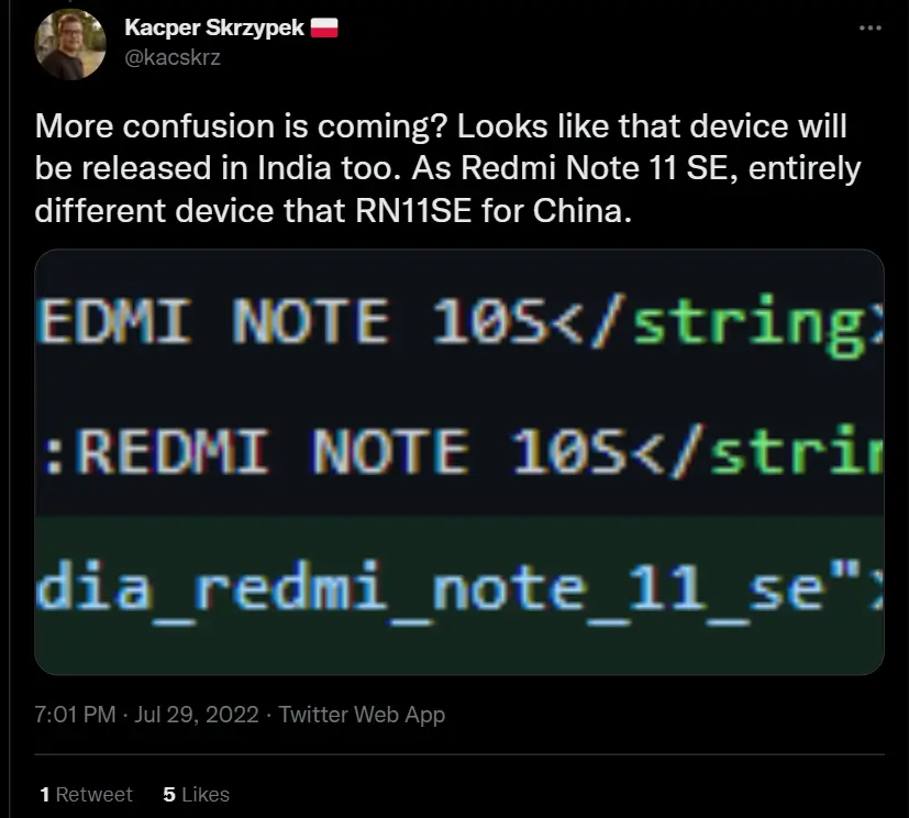 Сообщение Kacper Skrzypek о Redmi Note 11 SE в Twitter